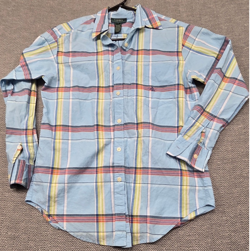 Lauren Ralph Lauren Women Blue Plaid Cotton Button Down Shirt Size 4 Long Sleeve